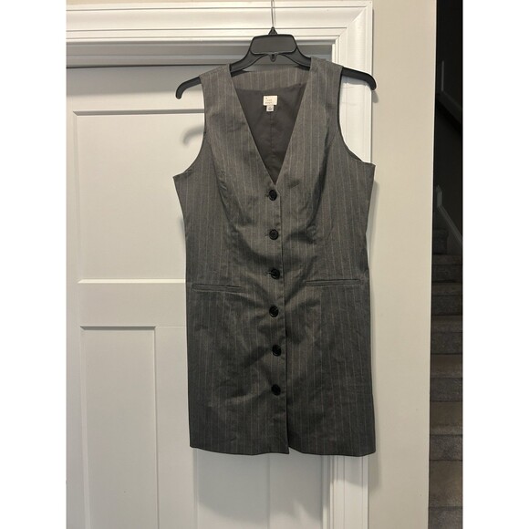 A New Day Grey Pinstripe Button Down Dress Office Androgynous Size Large City - Picture 1 of 8